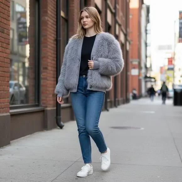 NWT Astrid Oversized Statement Faux Fur Cardigan – Grey – Sample